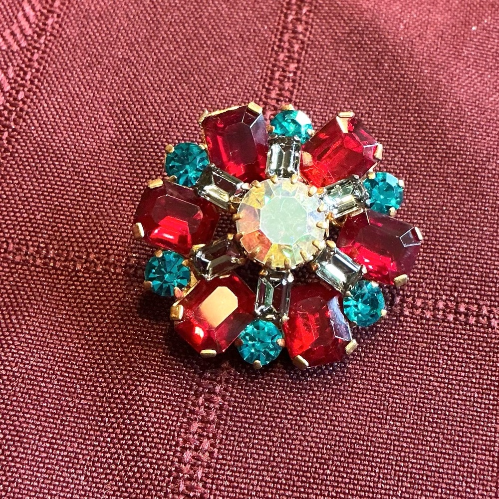 Vintage Made in Austria Elegant Red and Blue Crystal Brooch